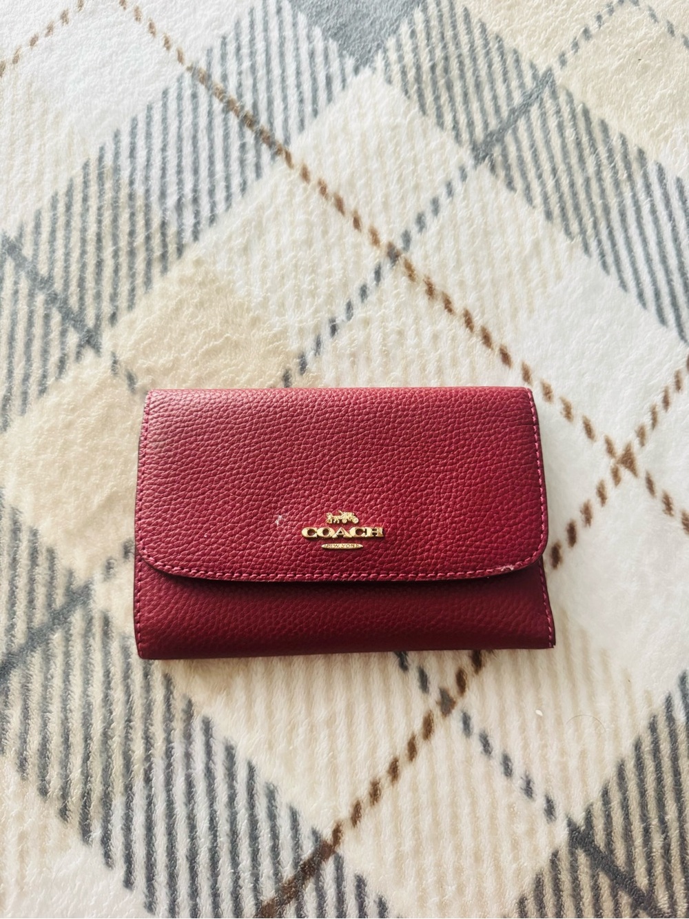 Coach Pebbled Leather Trifold Wallet in Deep Red
